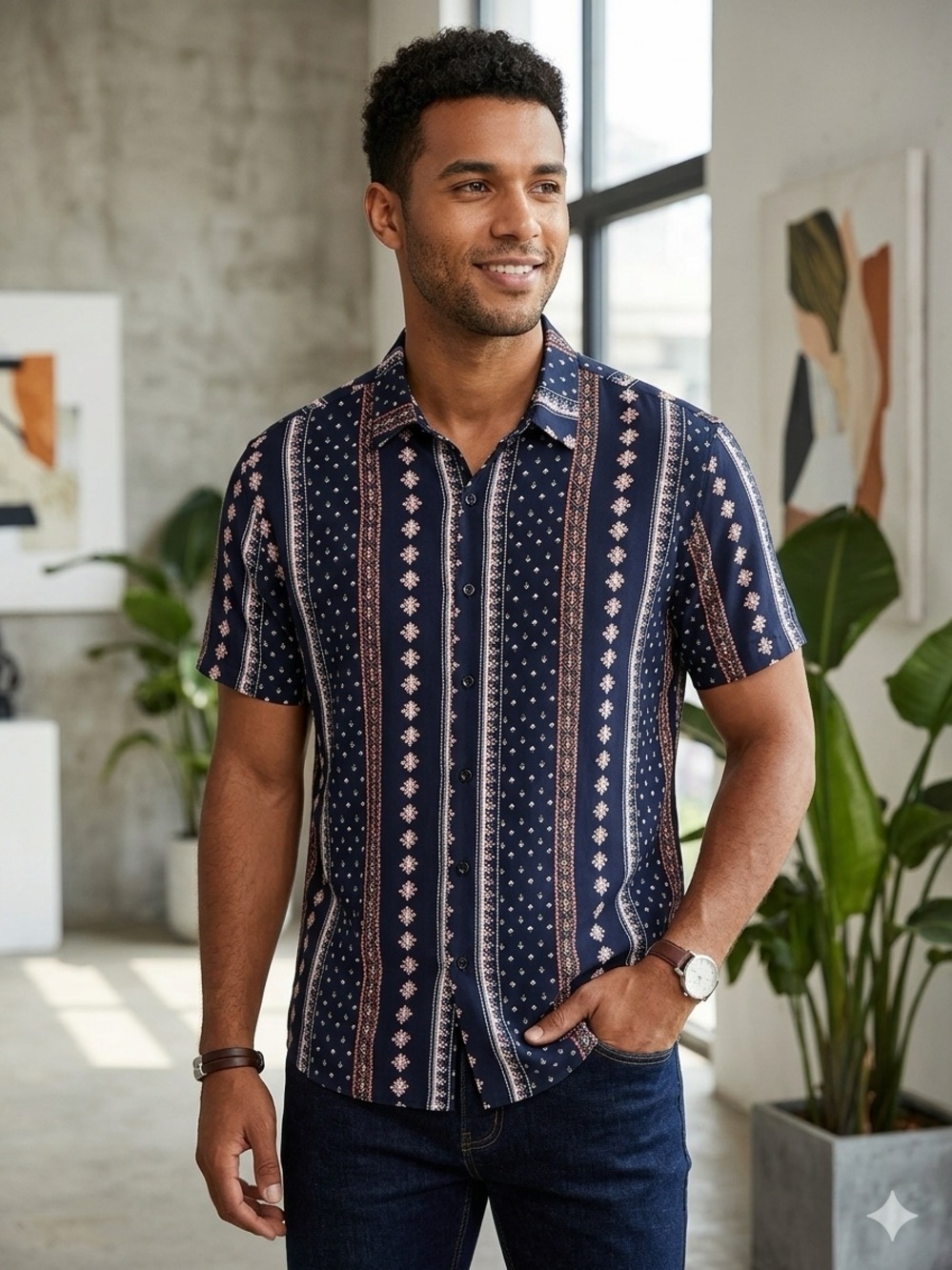 Men’s Navy Striped Patterned Short-Sleeve Button-Up Shirt Coofandy Size Medium